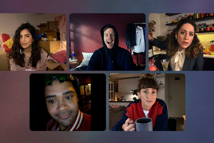 A scene from the ABC TV series Retrograde showing a group of young people on a joint video call.