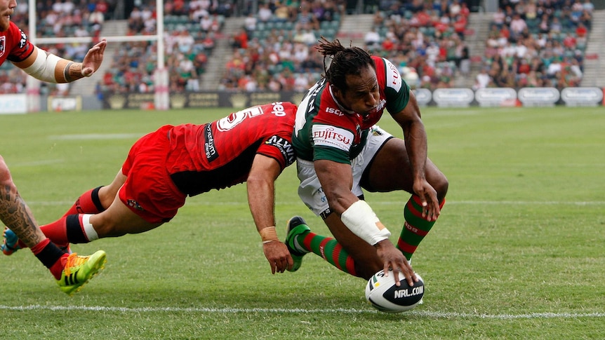 Touching down ... Lote Tuqiri scores a try for the Rabbitohs