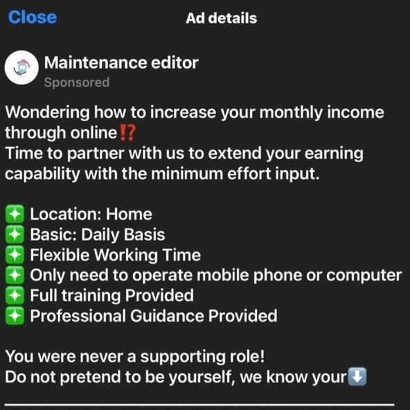 A screenshot of a fake job advertisement on Facebook 