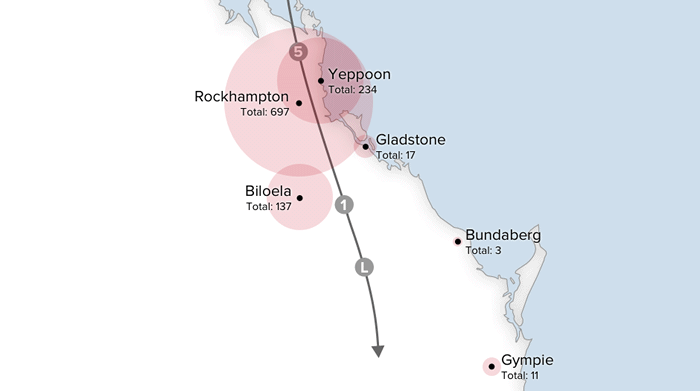 Nearly 700 properties were damaged in Rockhampton region, 234 in Yeppoon and 137 around Biloela.