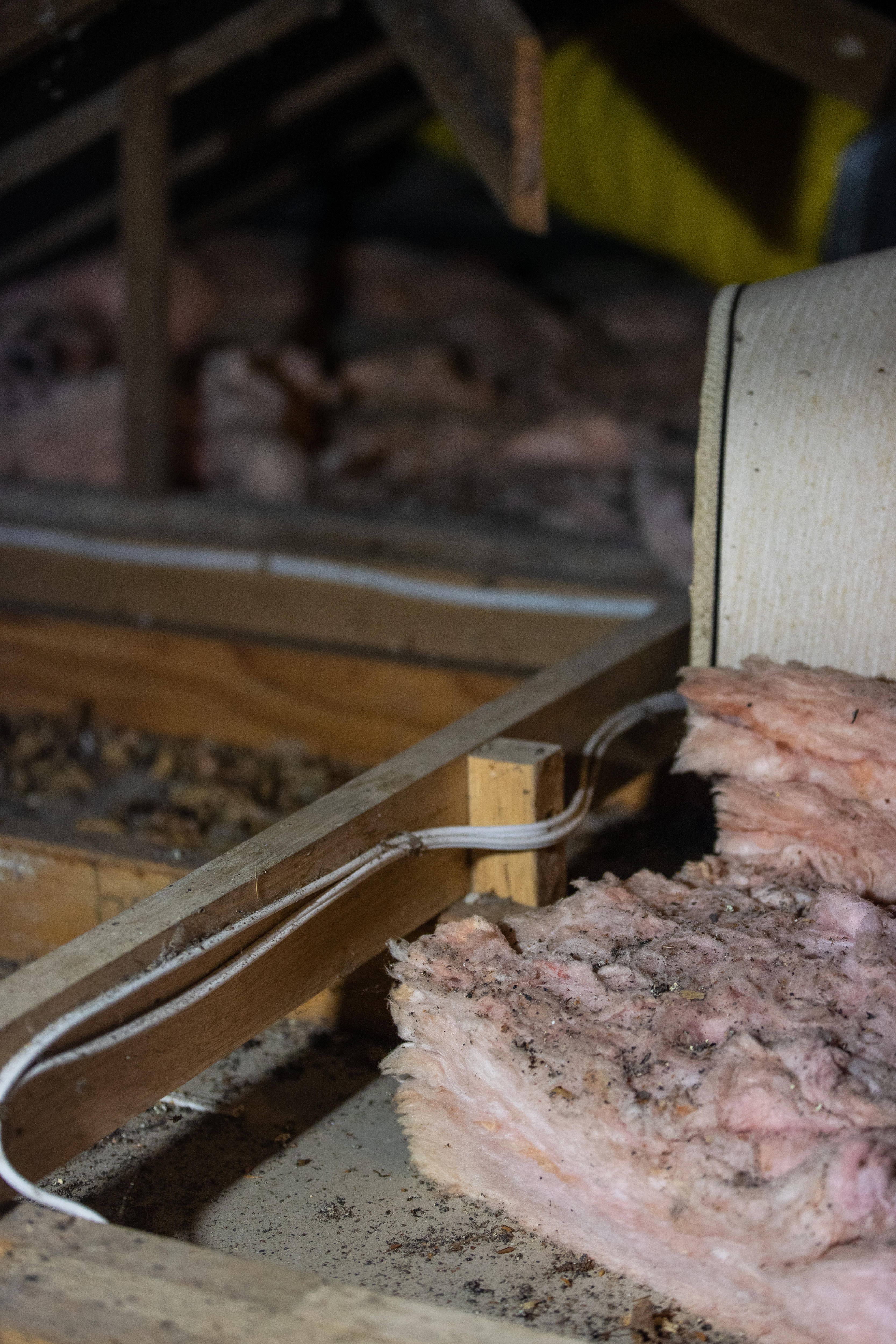 Pink insulation is seen in a roof cavity, along with electrical wiring.