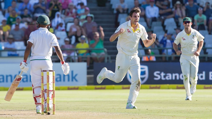 Pat Cummins celebrates Temba Bavuma's dismissal