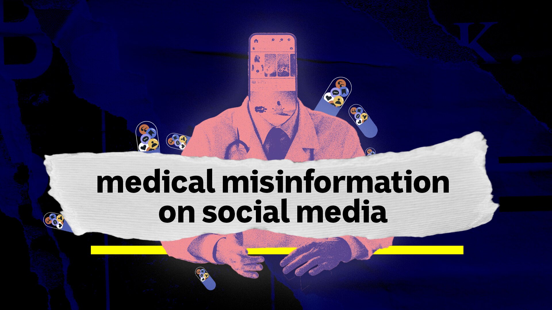 Illustration of a doctor with a phone for a head showing social media feed. Pills with social media icons.