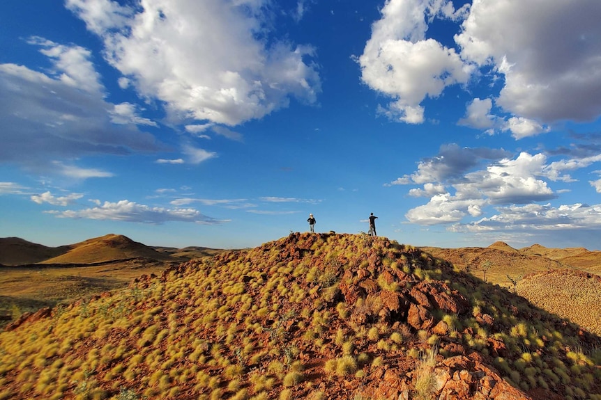 Two people stand atop a shrubby hillock on a glorious day in the outback.