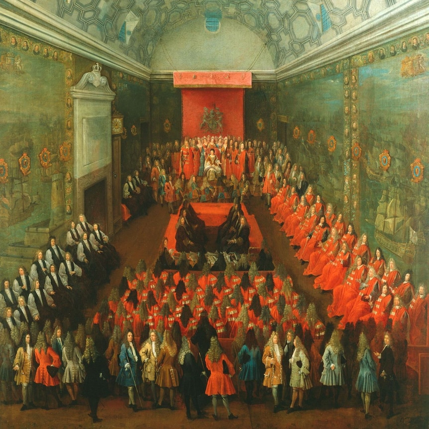 A painting of a queen on a throne, surrounded by men with long wigs and red coats