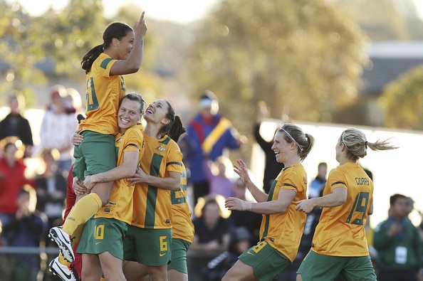 The Matildas celebrate a goal against NZ during a game in Canberra