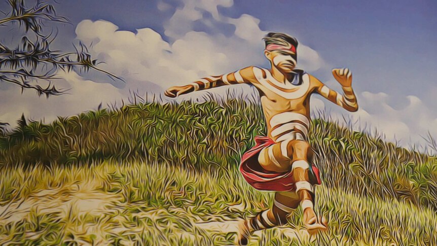Illustration of a young Aboriginal man running down a beach