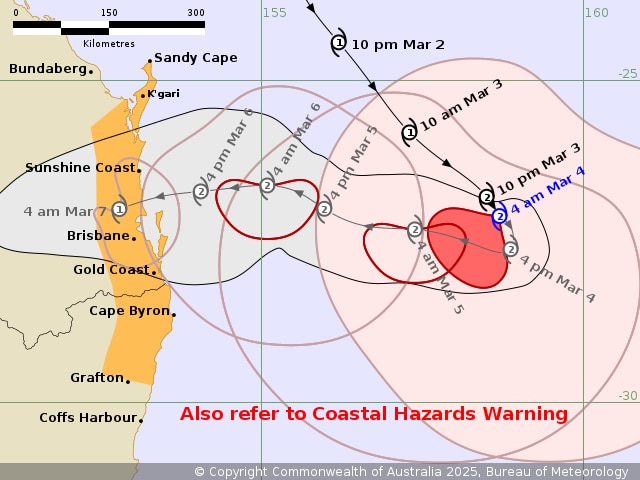 A map showing Cyclone Alfred tracking toward the Queensland coast 