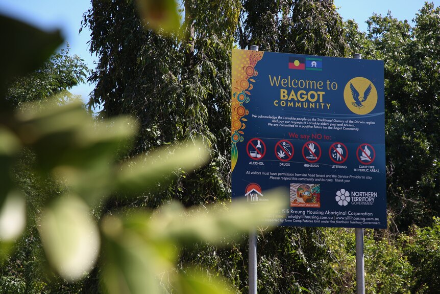 A sign at the entrance to Bagot community in Darwin says alcohol is banned.