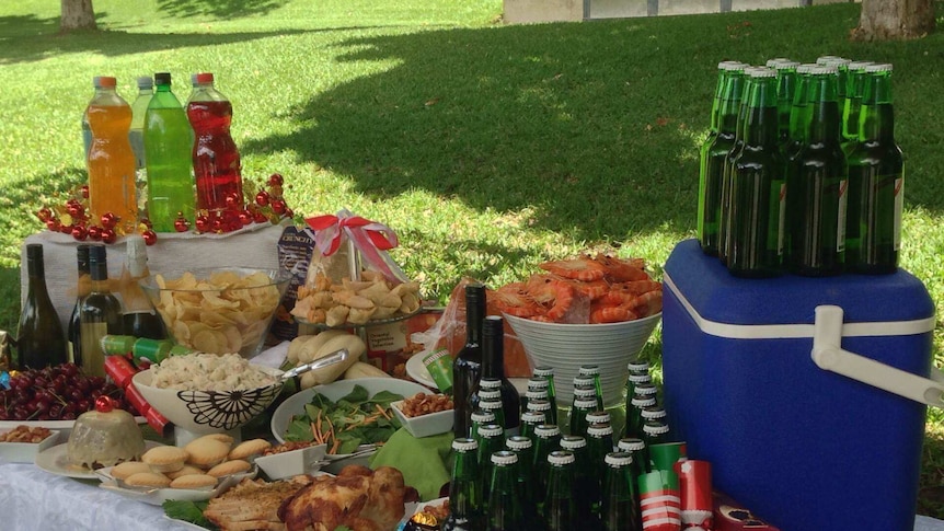 Christmas dinner spread on a table.