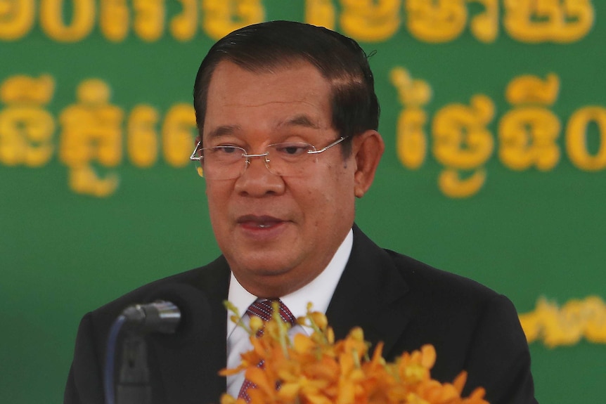 Cambodian Prime Minister Hun Sen delivers a speech