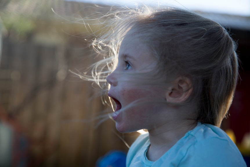 A close-up photo of Nara playing outside.