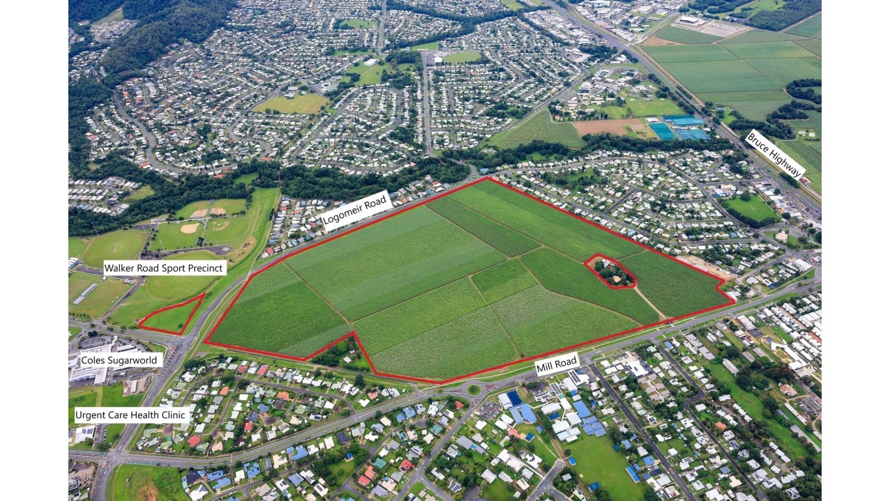 Aerial shot of a cane farm in Cairns that is up for sale.