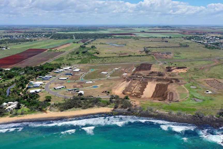 An aerial photo of construction at Bargara Headlands estate