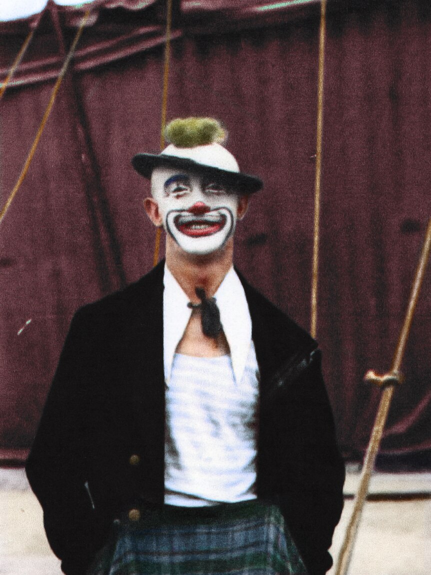 Kubush Horowitz in costume as a clown.