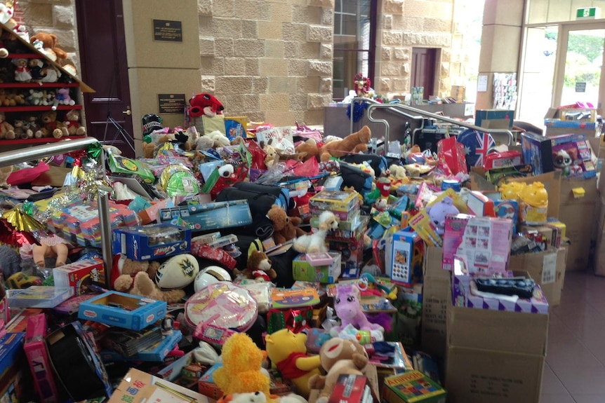 Lots of toys and stuffed animals in the ABC Hobart foyer