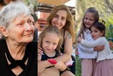 A composite image of three photos, including an old lady, a lady and a girl, and two girls