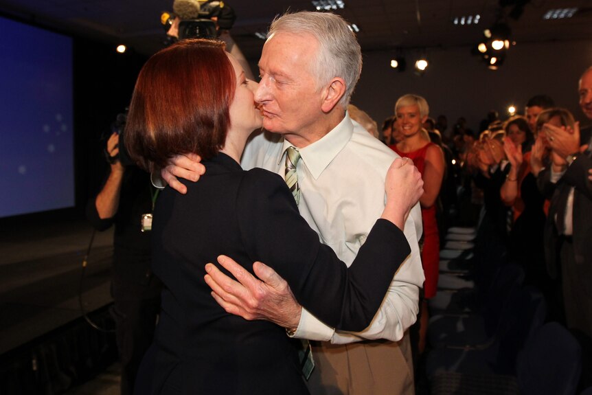Prime Minister Julia Gillard embraces her father John in 2010.