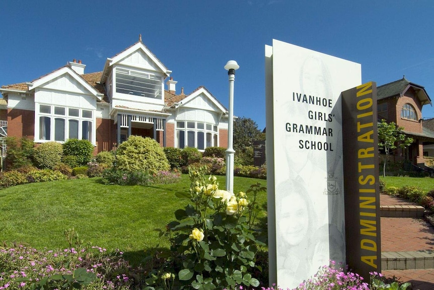 Ivanhoe Girls' Grammar School school administration buildings and entrance sign.