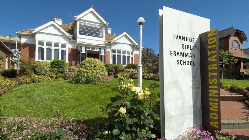 Ivanhoe Girls' Grammar School school administration buildings and entrance sign.