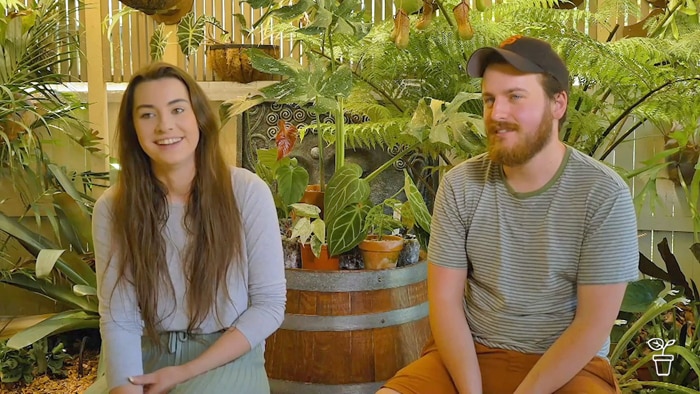 A young couple sitting in an undercover area filled with plants in pots