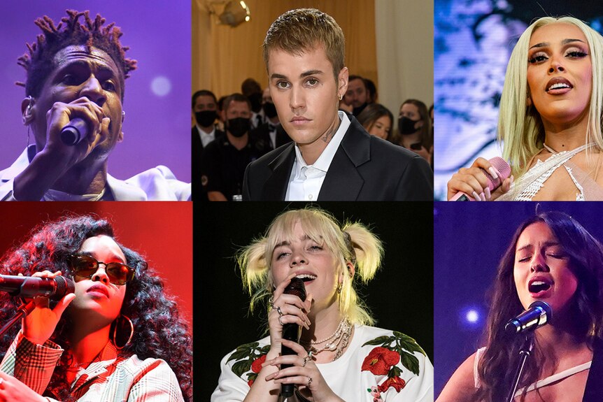 Six men and women, all nominated for Grammy awards, performing 