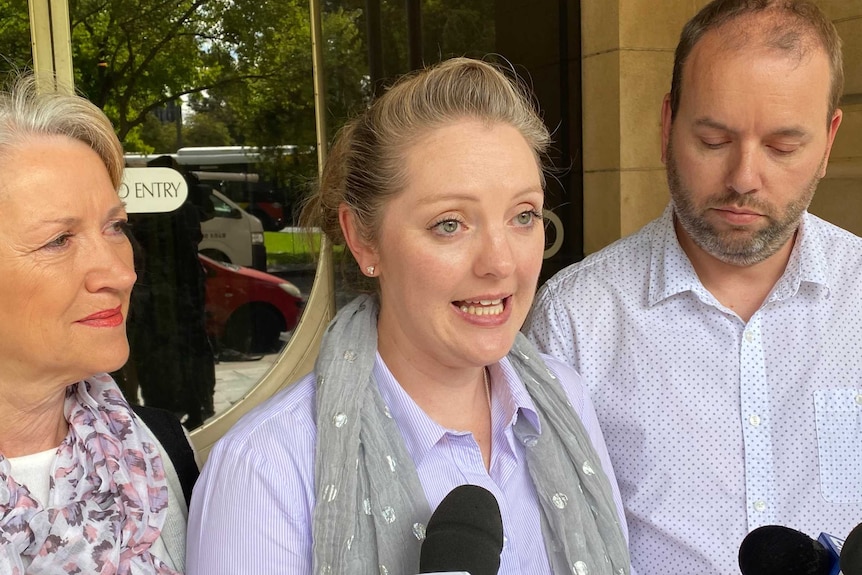 Vilija Sabeckis speaks outside of court