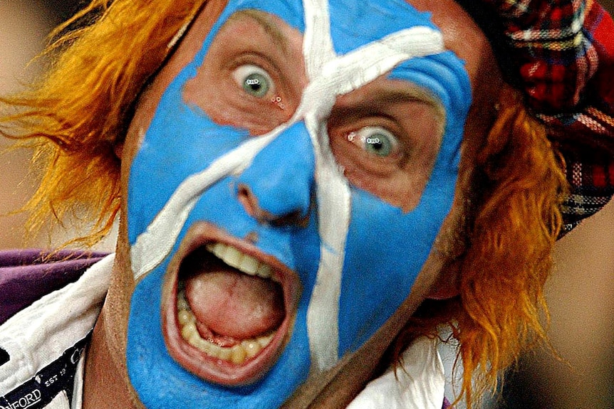 A Scottish fan lets his feelings be known at the Rugby World Cup.