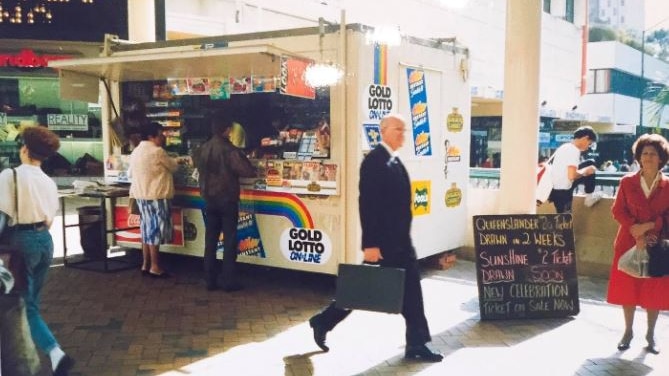Old photo of newsagency in demountable building