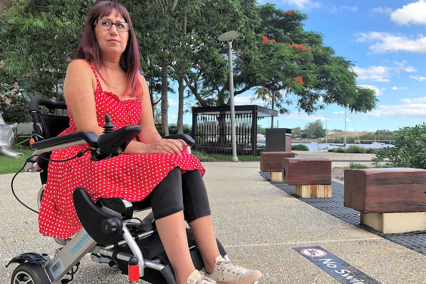 Elisha Matthews in her wheelchair at South Bank in Brisbane