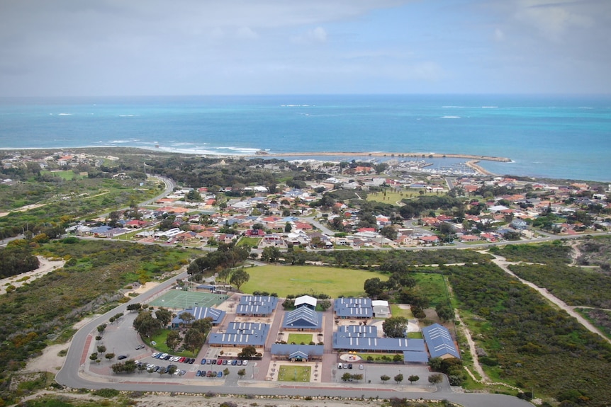 An aerial view of a coastal town