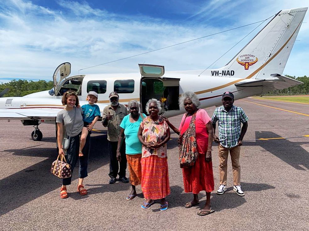 Tiwi Islanders from Paluwiyanga before boarding a plane from Milikapiti to Adelaide for the Adelaide Biennial.