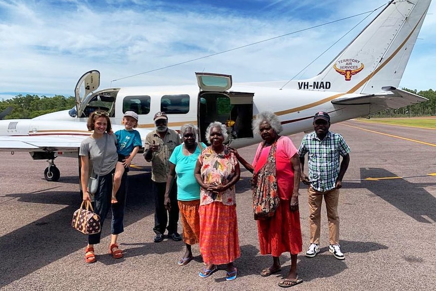Tiwi Islanders from Paluwiyanga before boarding a plane from Milikapiti to Adelaide for the Adelaide Biennial.