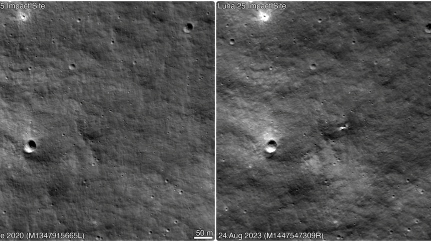 A side-by-side comparison of the moon's surface with the second image showing a new crater