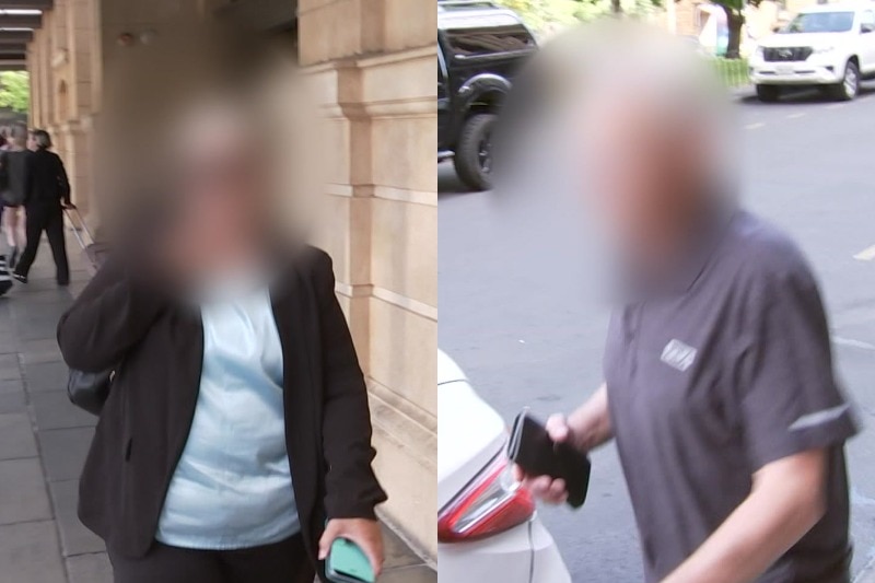 A woman and man both leaving court separately with their faces blurred.