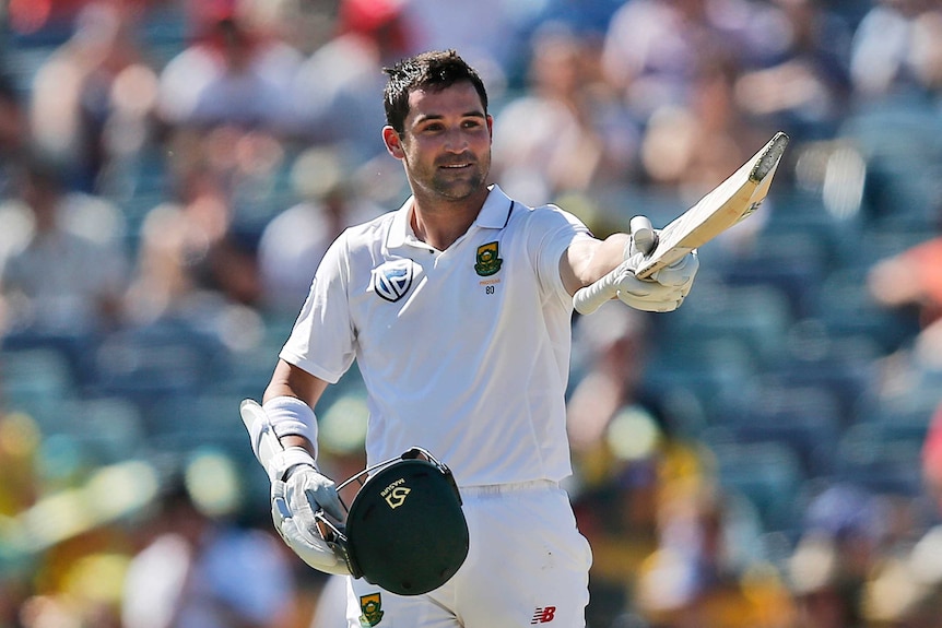 Dean Elgar celebrates his century for South Africa on day three at the WACA