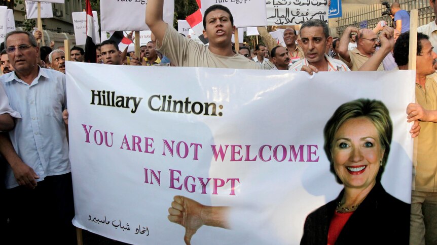 Protesters chant slogans against the visit of Hillary Clinton near the US Embassy in Cairo, Egypt.