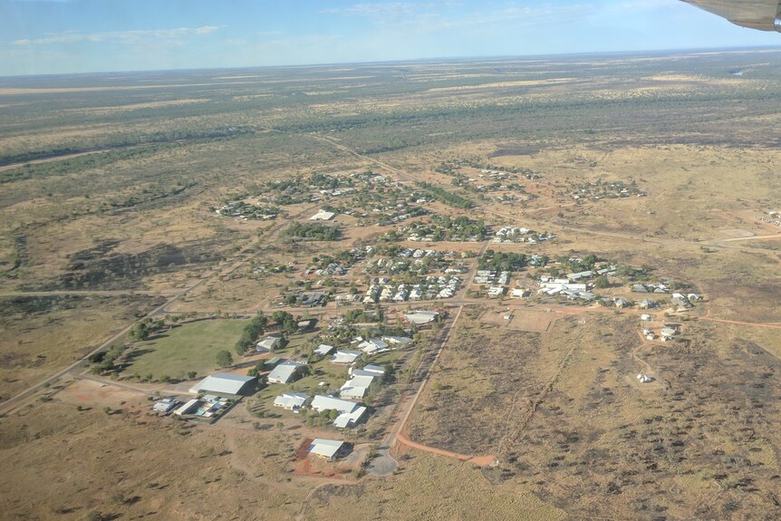 Aerial view of small town in dusty flat country