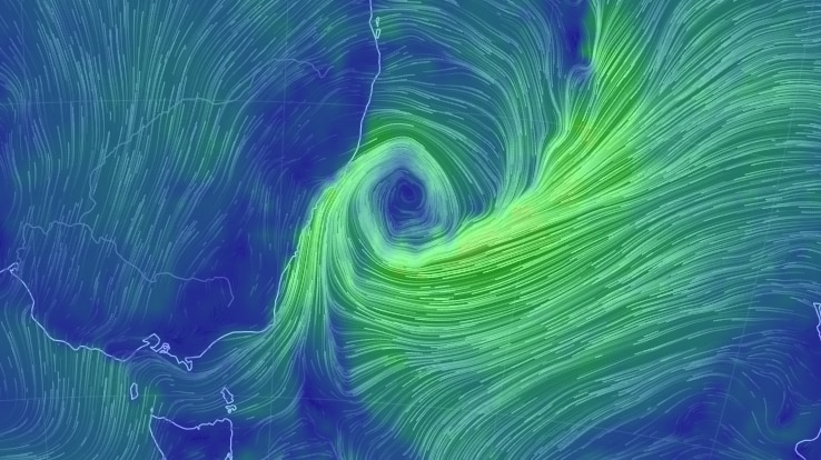 wind map of Australia - showing large low pressure system off the east coast.