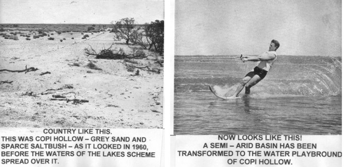Two black and white photos one of dry landscape the other a man water skiing, caption 'A Semi arid basin has been transformed'.