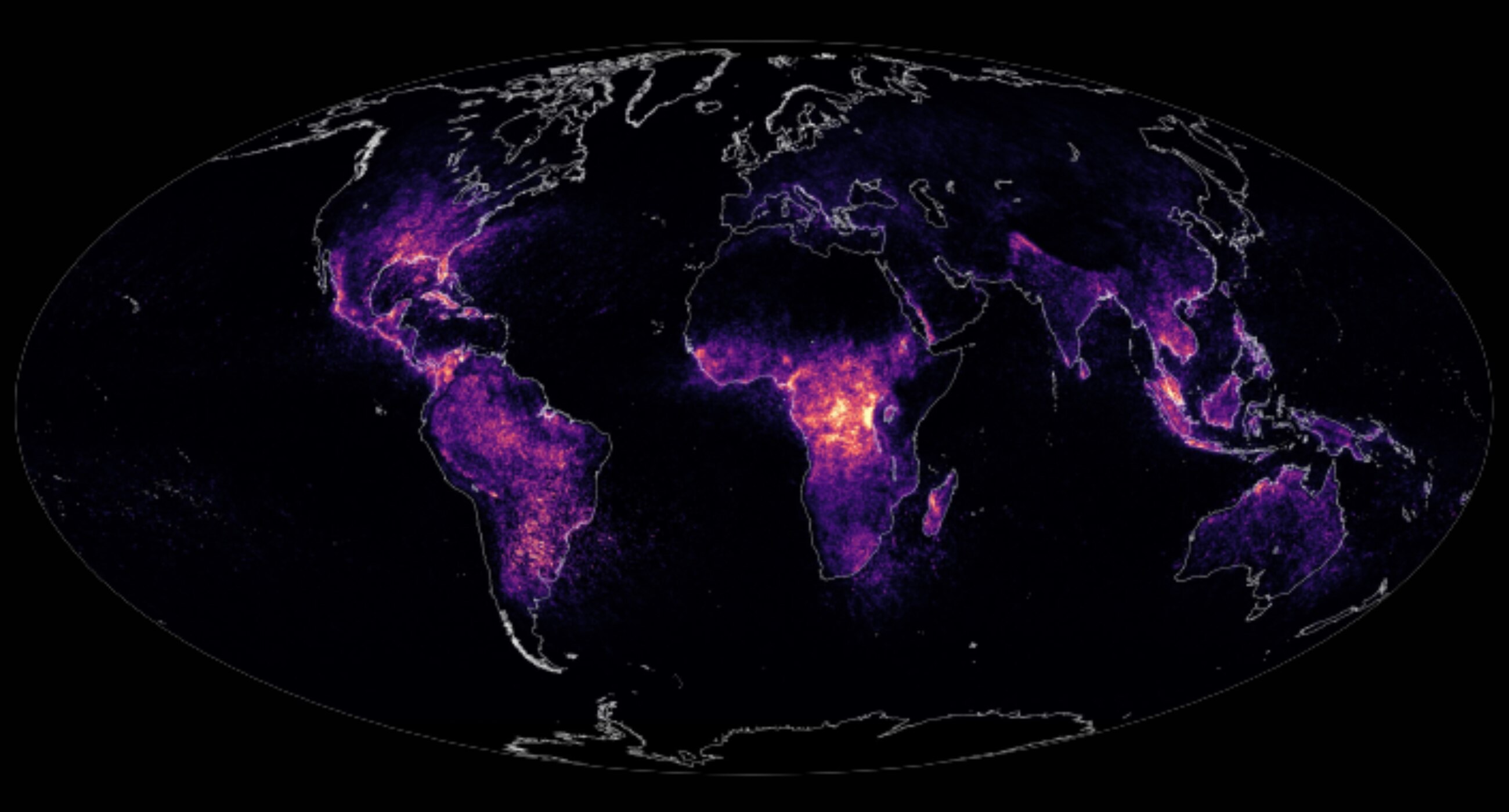 A map of the world showing concentration of lightning flashes. 