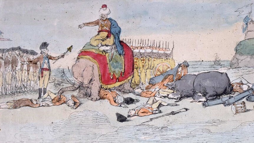 An illustration of a general surrendering his sword to an Indian leader on an elephant which has trampled British troops.