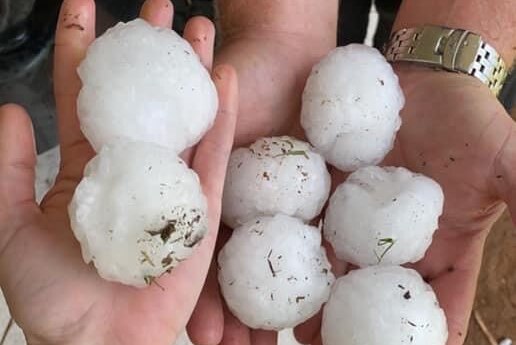 Hands hold golf ball-sized hail stones from storm near Gatton