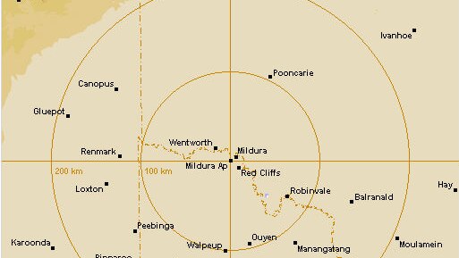 A screenshot of a weather radar, showing no rain in northern Victoria and southern New South Wales.
