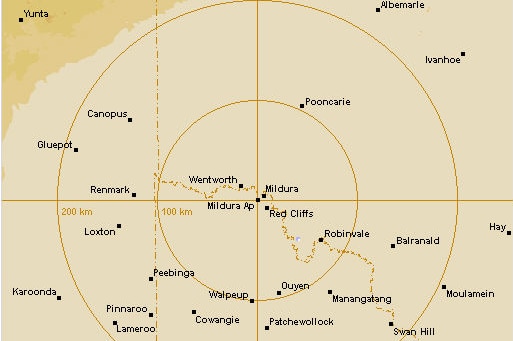 A screenshot of a weather radar, showing no rain in northern Victoria and southern New South Wales.