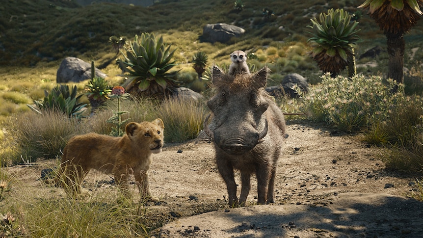 Colour still of animated lion cub Simba walking up to Zazu, a red-billed hornbill in African savanna in 2019 film The Lion King.