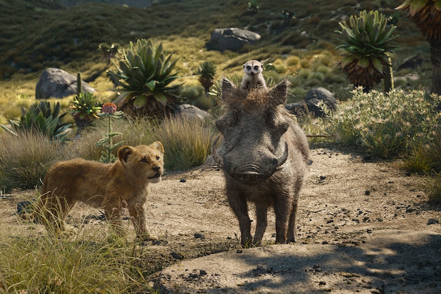 Colour still of animated lion cub Simba walking up to Zazu, a red-billed hornbill in African savanna in 2019 film The Lion King.