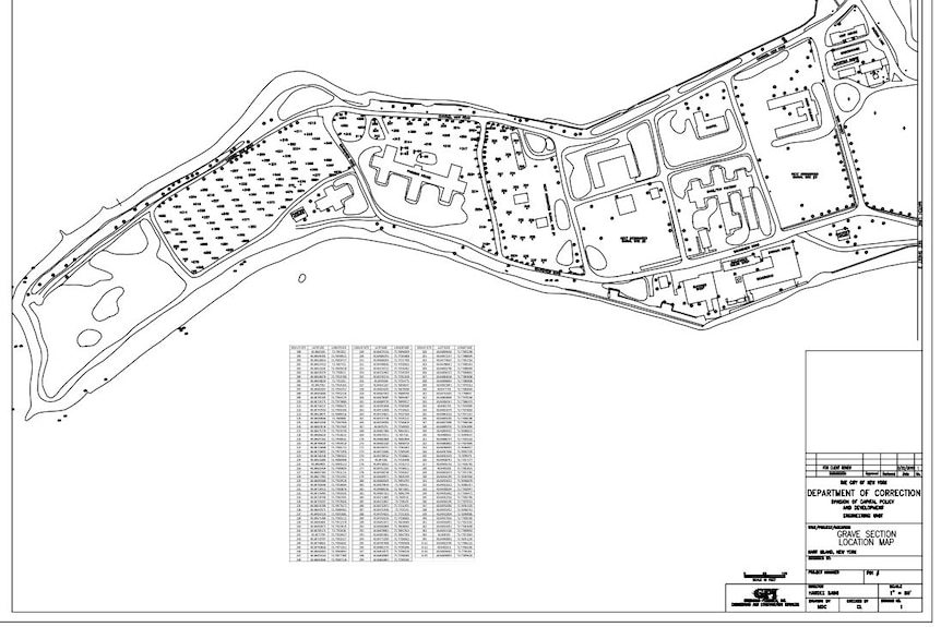 A rudimentary map of Hart Island with numbers to show where graves are