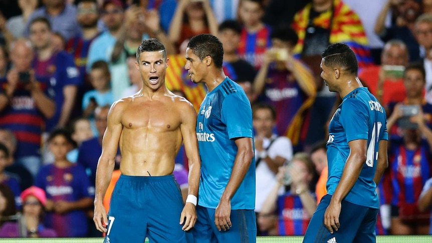 Cristiano Ronaldo celebrates after scoring for Real Madrid against Barcelona