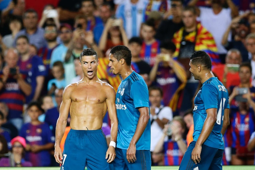 Cristiano Ronaldo celebrates after scoring for Real Madrid against Barcelona